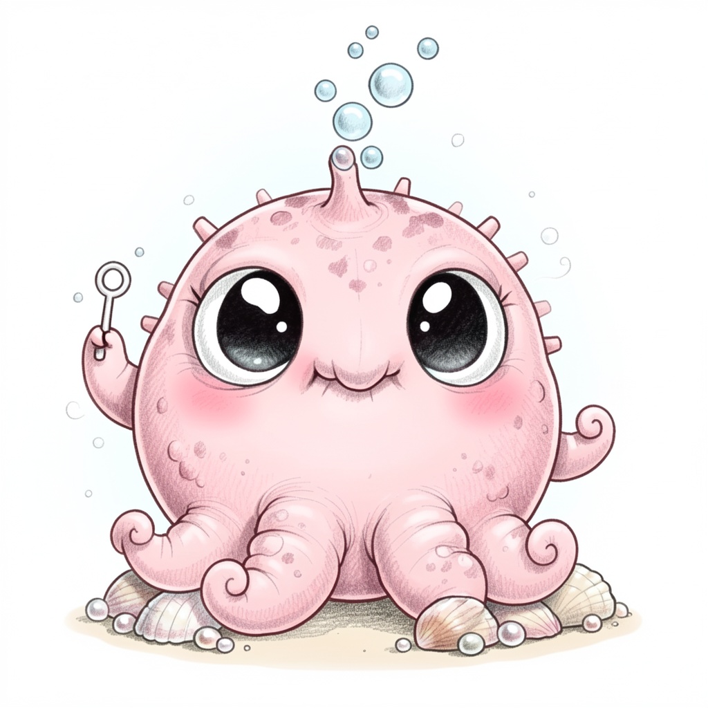 Chris_Ryniak_Scribble Style,  hand-drawn cute illustration,  chubby octopus-puffer hybrid creature with soft bubblegum-pin...
