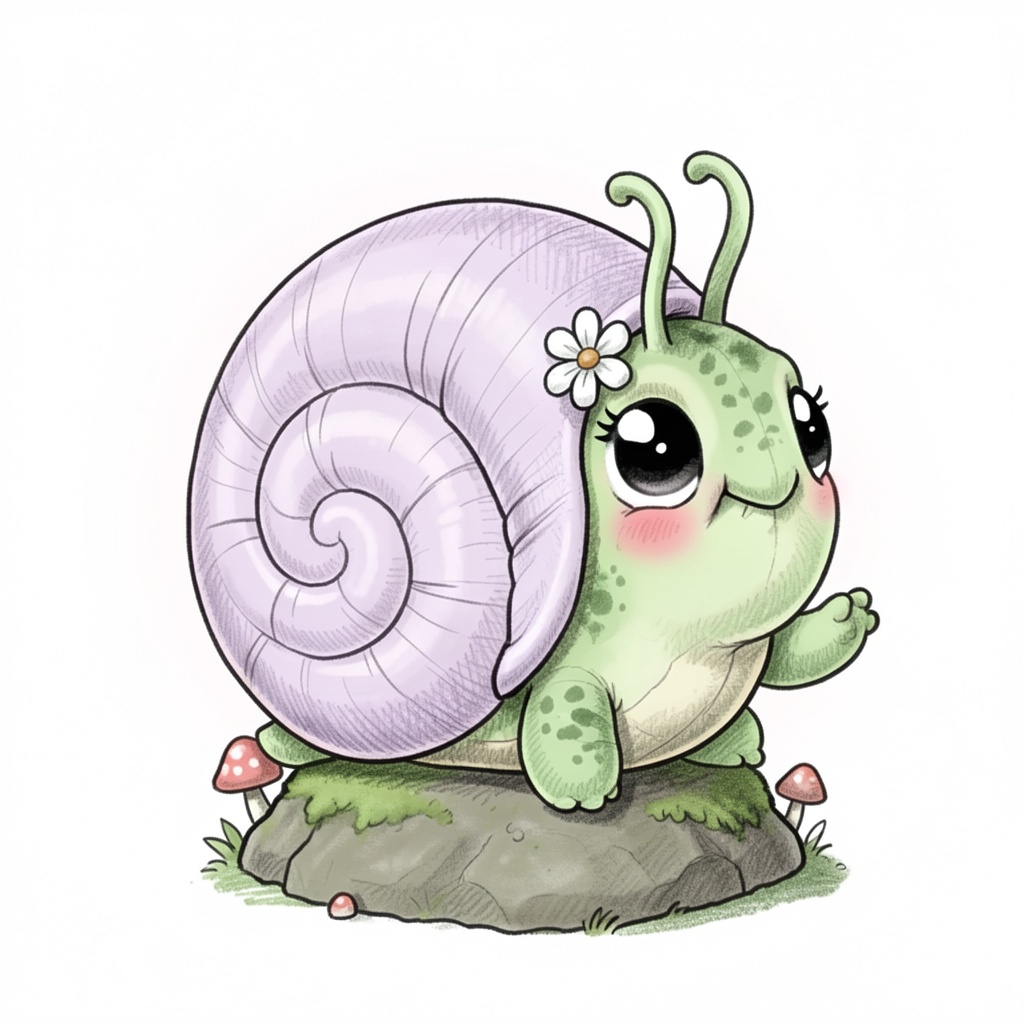Chris_Ryniak_Scribble Style,  hand-drawn doodle illustration,  adorable chubby turtle-snail hybrid creature with smooth pa...
