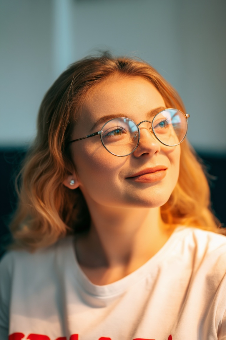 A young woman with wavy light-blonde hair,  softly lit by warm golden light from the side. She wears thin round-framed gla...