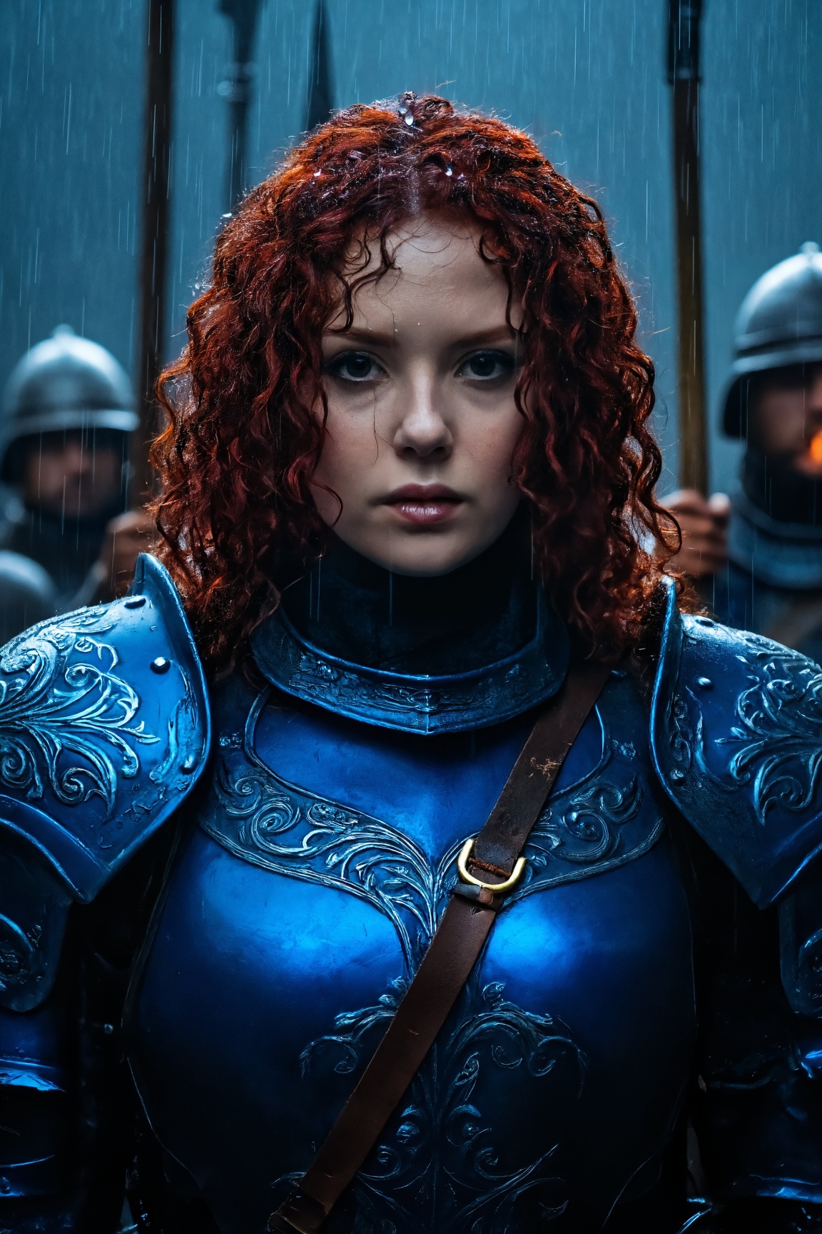 A young woman with vivid curly red hair stands in heavy rain,  gazing directly into the camera with unwavering intensity....