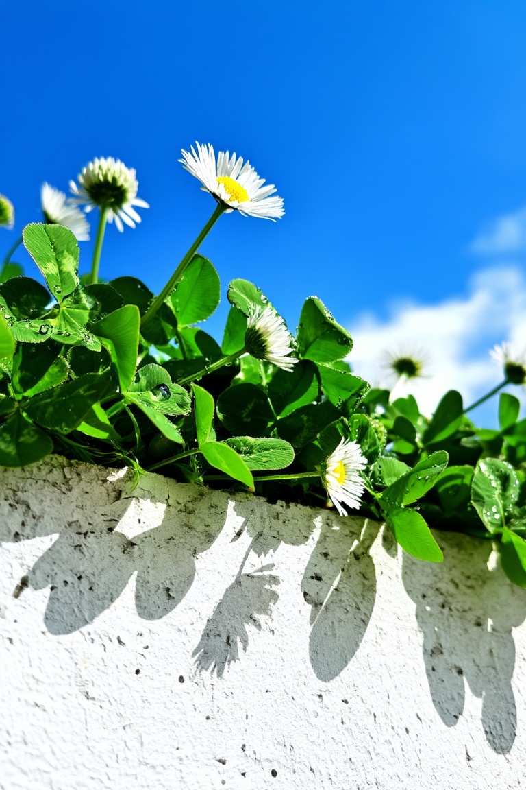 A low-angle close-up of vibrant green clover leaves and white daisies with yellow centers,  spilling over the edge of a te...