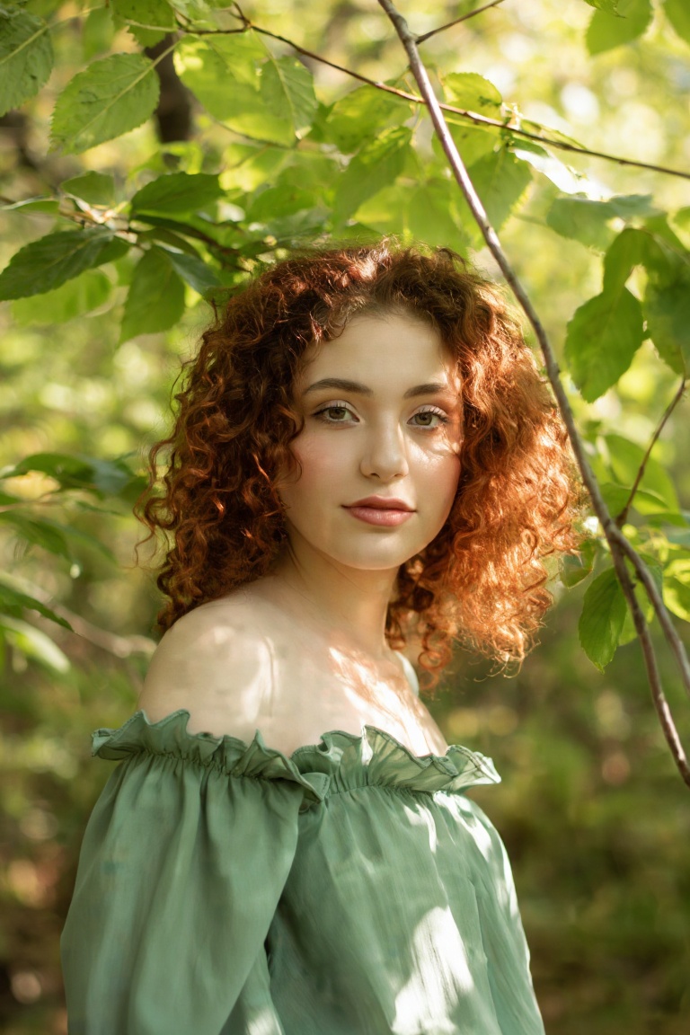 A young woman with curly auburn hair peeks through a canopy of green leaves and thin branches. Sunlight filters through,...