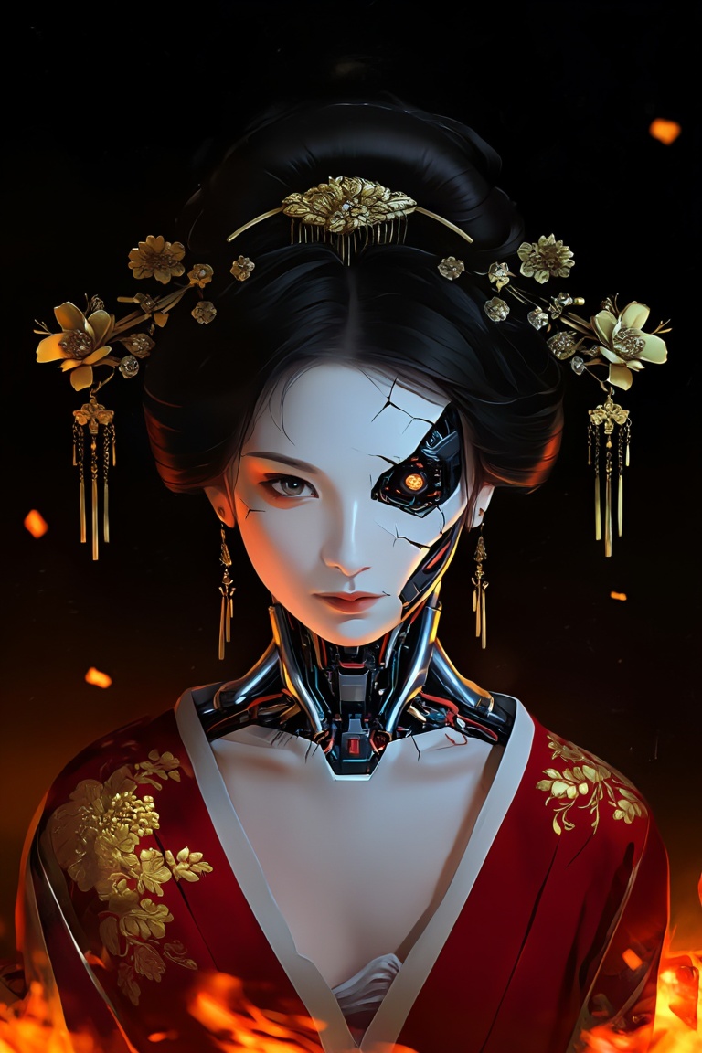 anime-inspired digital painting,  a young woman with pale porcelain skin and intricate cybernetic enhancements: exposed re...