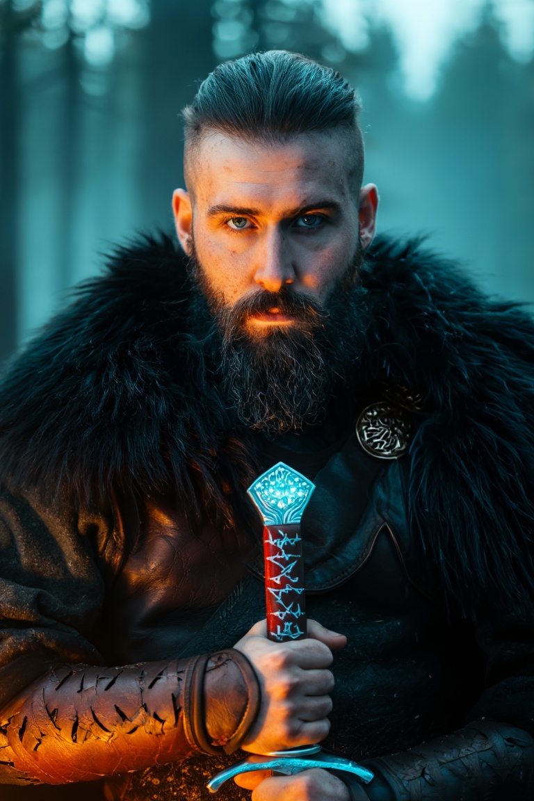 A rugged man with intense blue eyes,  thick beard,  and distinctive Viking hairstyle — shaved sides on Tensor.Art