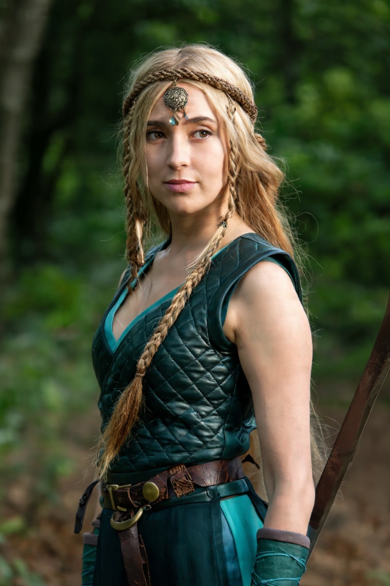 A young woman with long blonde hair styled in elaborate braids crowned with a woven circlet of rope and a central bronze p...