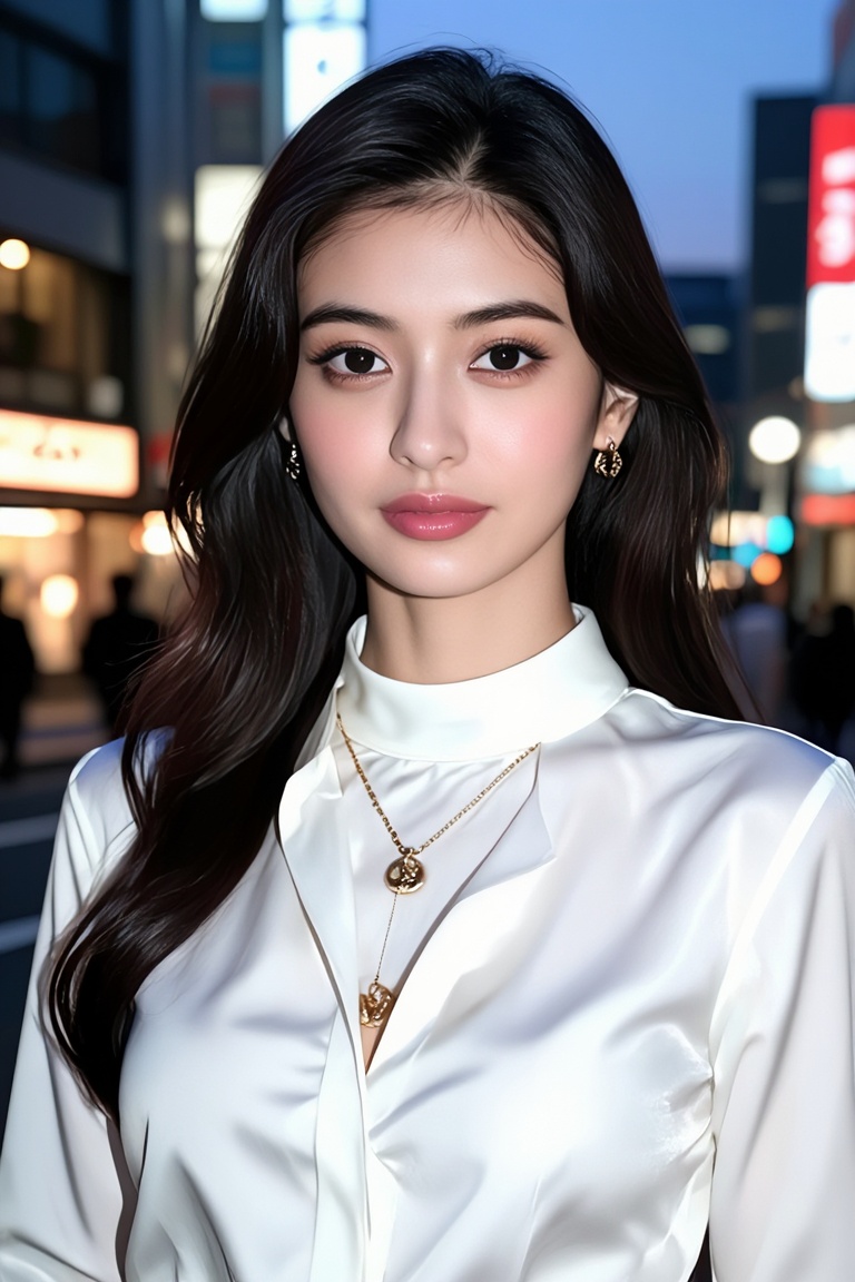 wearing a high-neck white silk blouse,  elegant layered gold necklace,  Japanese "Soft Matte" makeup with nude-pink lips o...