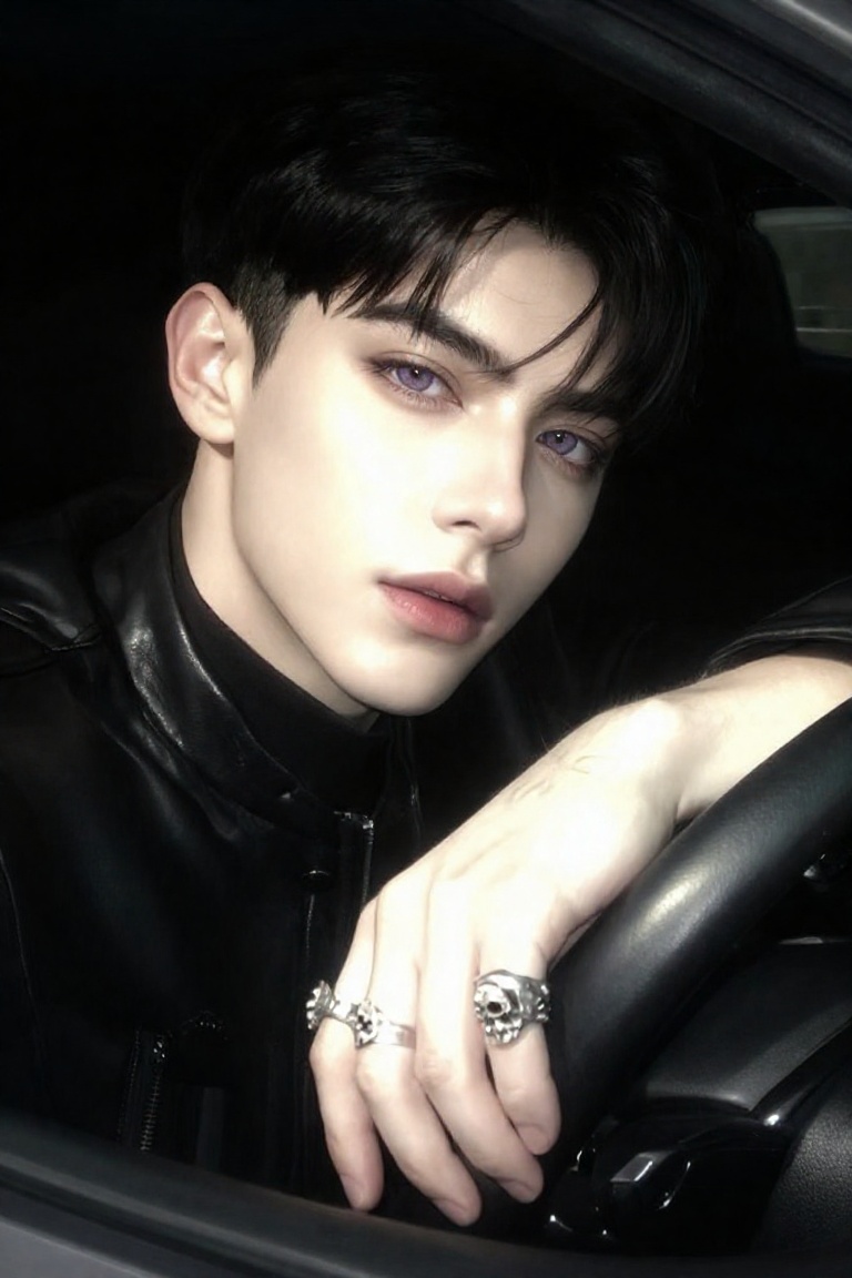 Beauty_Person,  a young man with a sharp,  undercut hairstyle in jet-black and a single loose strand over his forehead pos...
