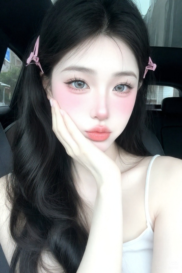 Beauty_Person,  a young Korean woman with long,  voluminous wavy jet-black hair pinned back with small pink butterfly clip...