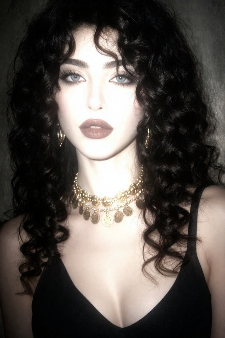 Beauty_Person,  a young Iraqi woman with thick,  raven curls. Her oversized eyes are intense obsidian with a heavy kohl sm...