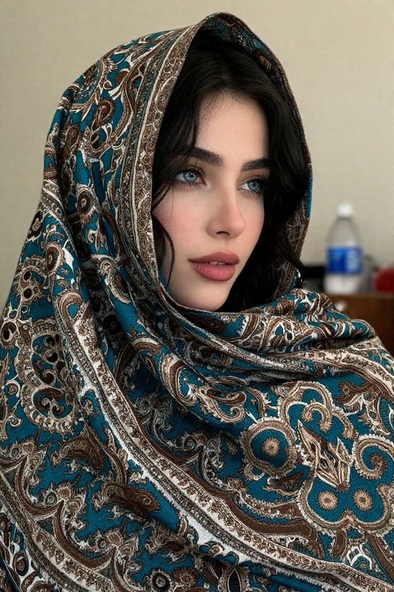 Beauty_Person,  a close-up of a young Persian woman wrapped in a richly patterned fabric with intricate paisley designs in...