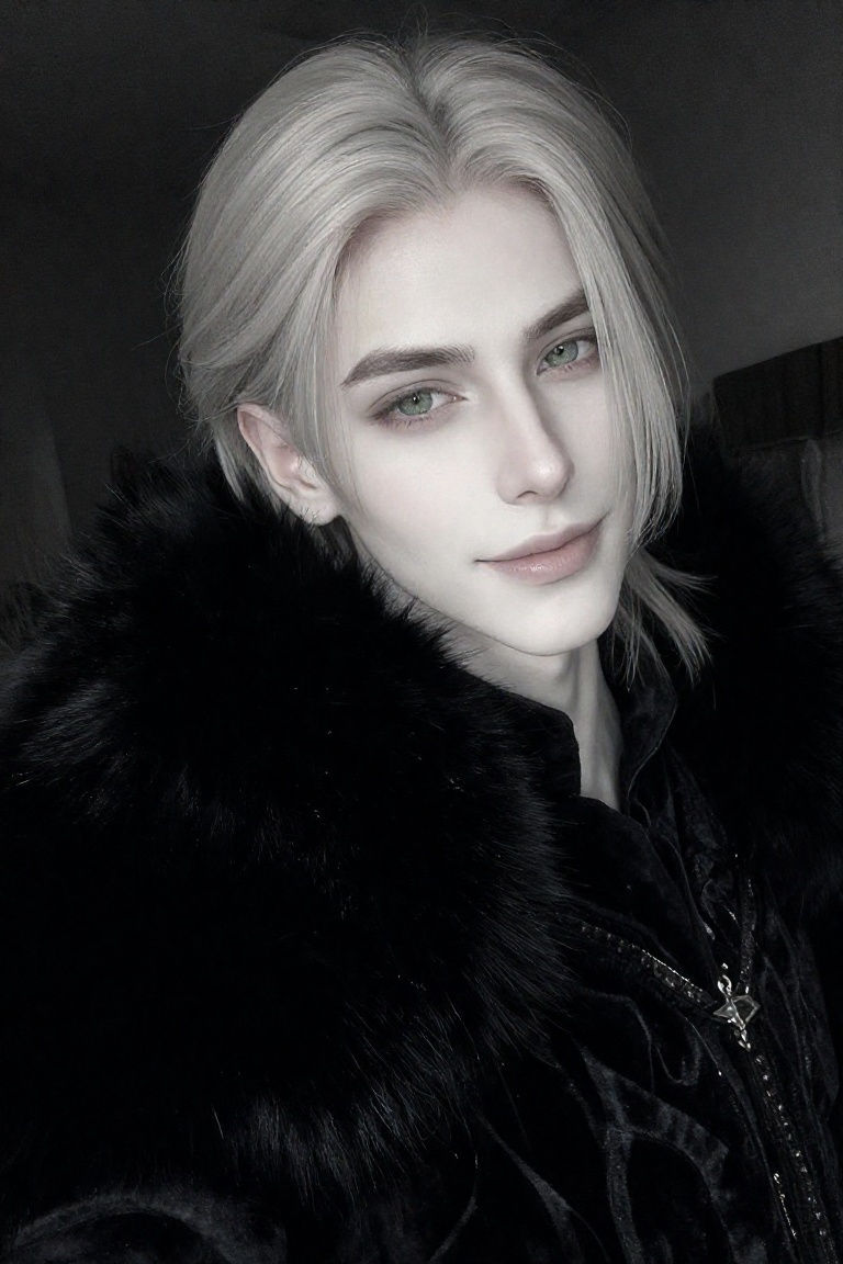 Beauty_Man,  a young man with shoulder-length,  straight silver-gold hair and a sharp on Tensor.Art