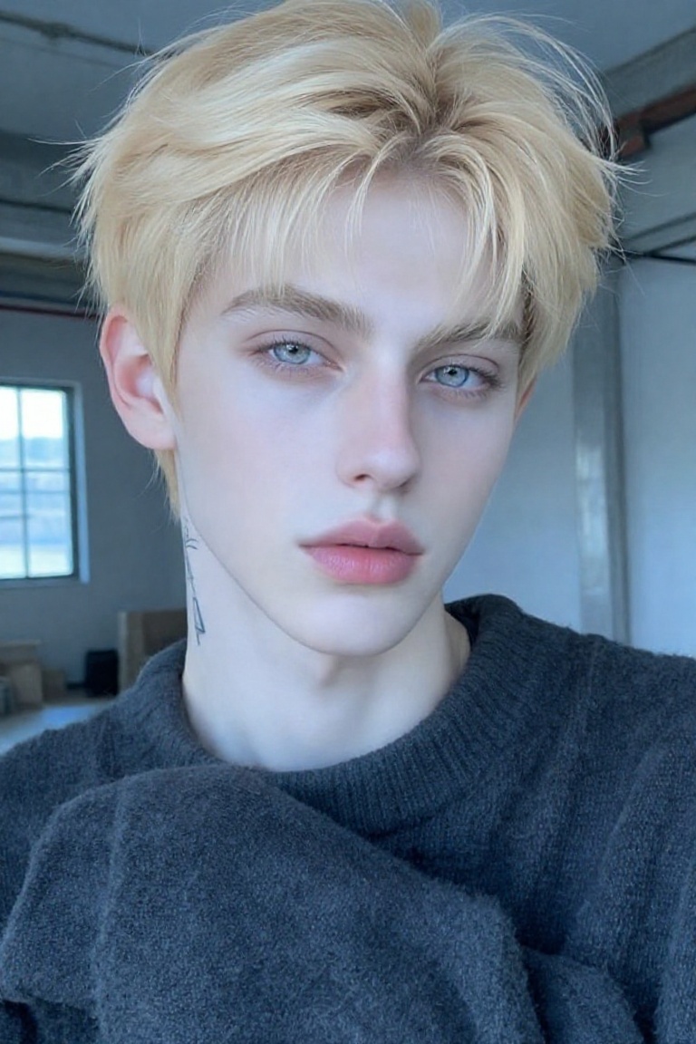 Beauty_Person,  a young man with a messy,  bleached-blonde undercut and soft side-swept fringe poses for a close-up candid...