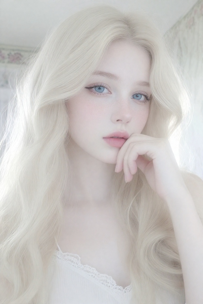 Beauty_Person,  a young Russian woman with long,  voluminous wavy platinum-blonde hair poses for an ethereal on Tensor.Art