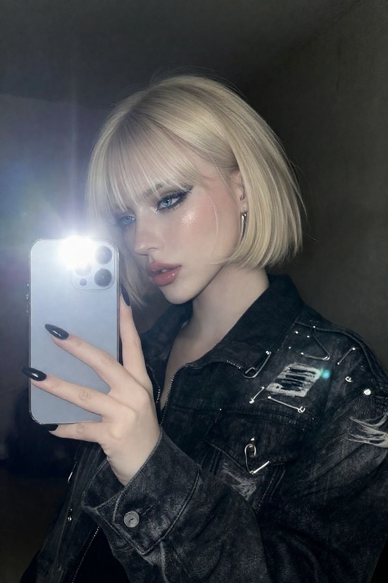 Beauty_Person,  a young German woman with a blunt,  icy-blonde bob and micro-bangs poses for a mirror selfie. Her sharp on...