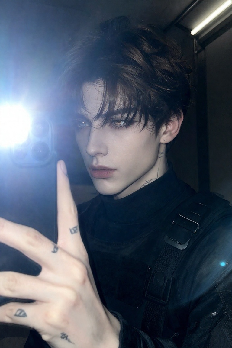 Beauty_Man,  a young man with a messy,  dark brown fringe and a sharp jawline poses for a mirror selfie in a dark industri...