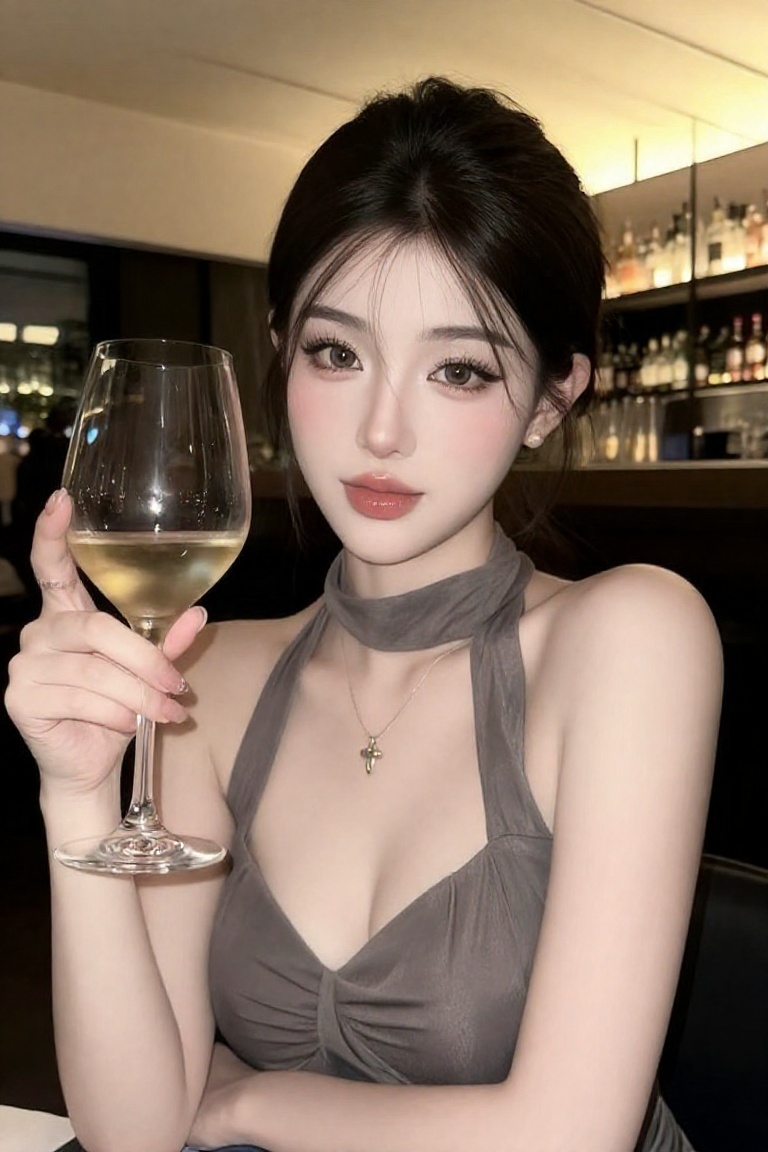 Beauty_Person,  a Korean woman with brown eyes and think eyeliner,  she also wears a glossy lipstick and uses a halter dre...