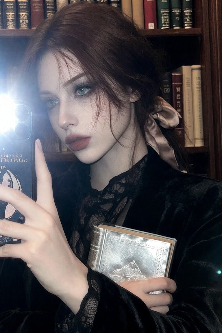 Beauty_Person,  a young German woman with messy,  dark auburn hair tied in a loose silk ribbon poses for a mirror selfie a...