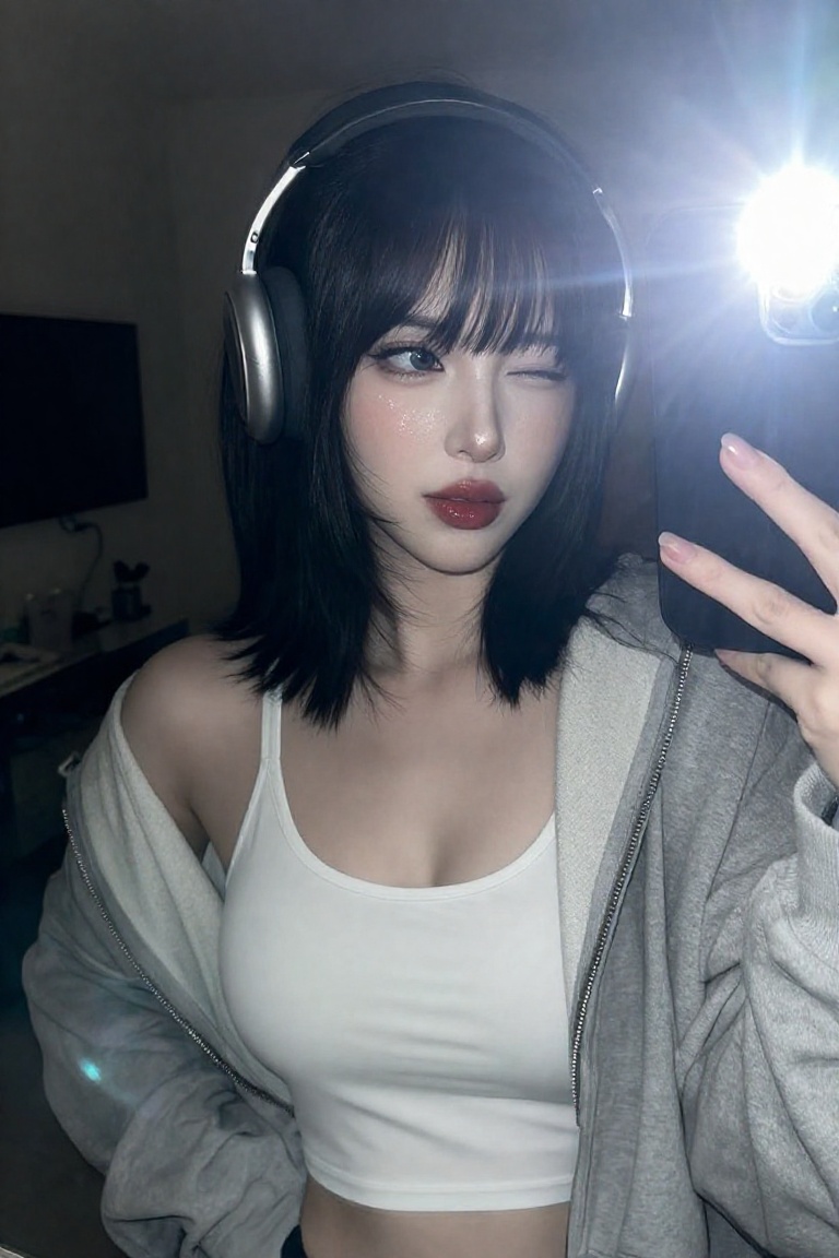 Beauty_Person,  a young Korean woman with sleek,  hip-length raven hair and straight-cut see-through bangs poses for a mir...