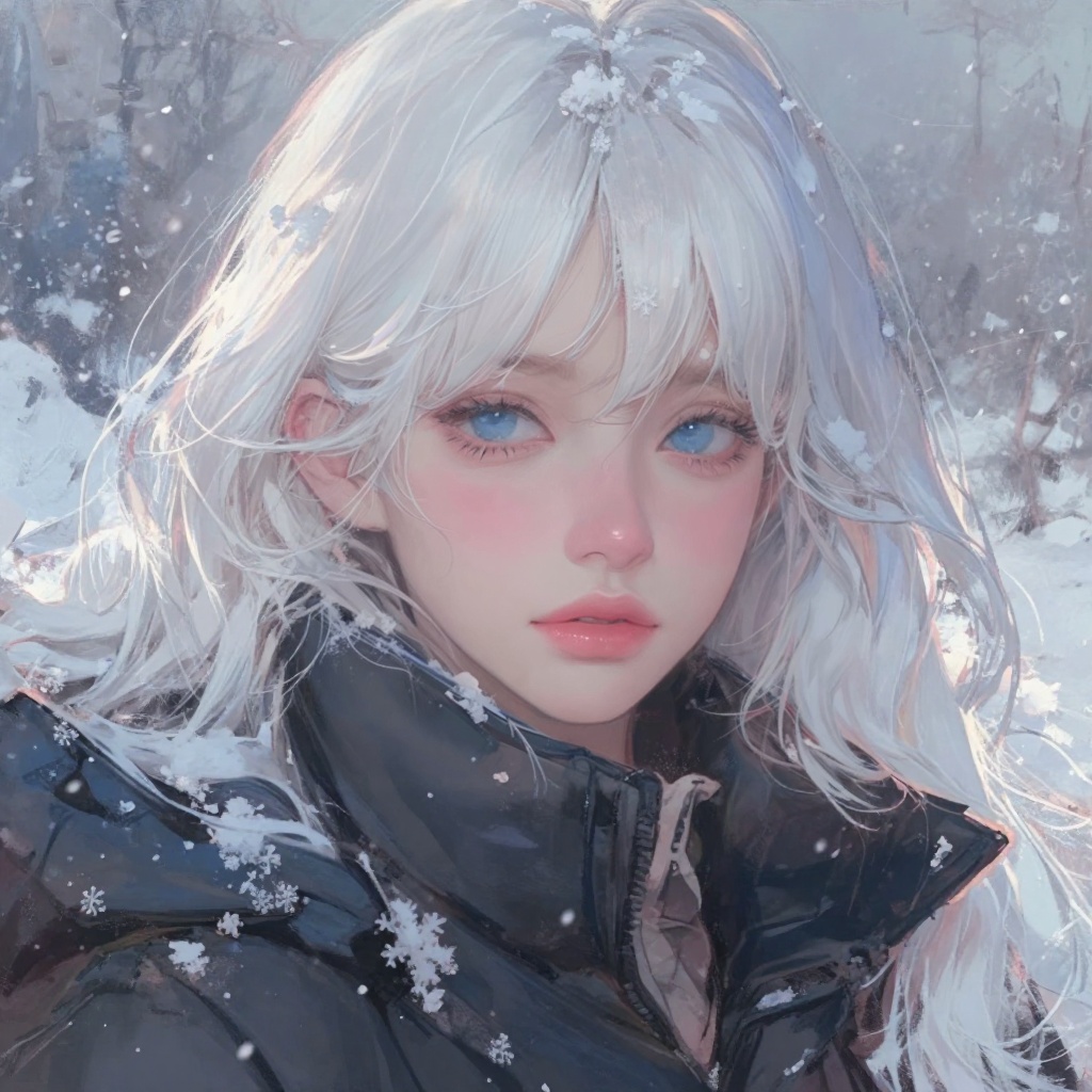 This is a painting of a young woman with long,  flowing white hair and striking blue eyes. She has a fair complexion and i...