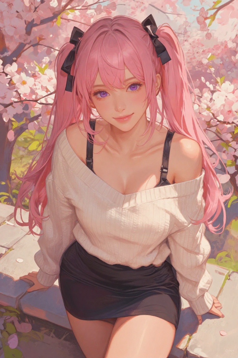 This painting depicts a young woman with long,  pink hair tied in two high pigtails with black ribbons. She has large,  ex...