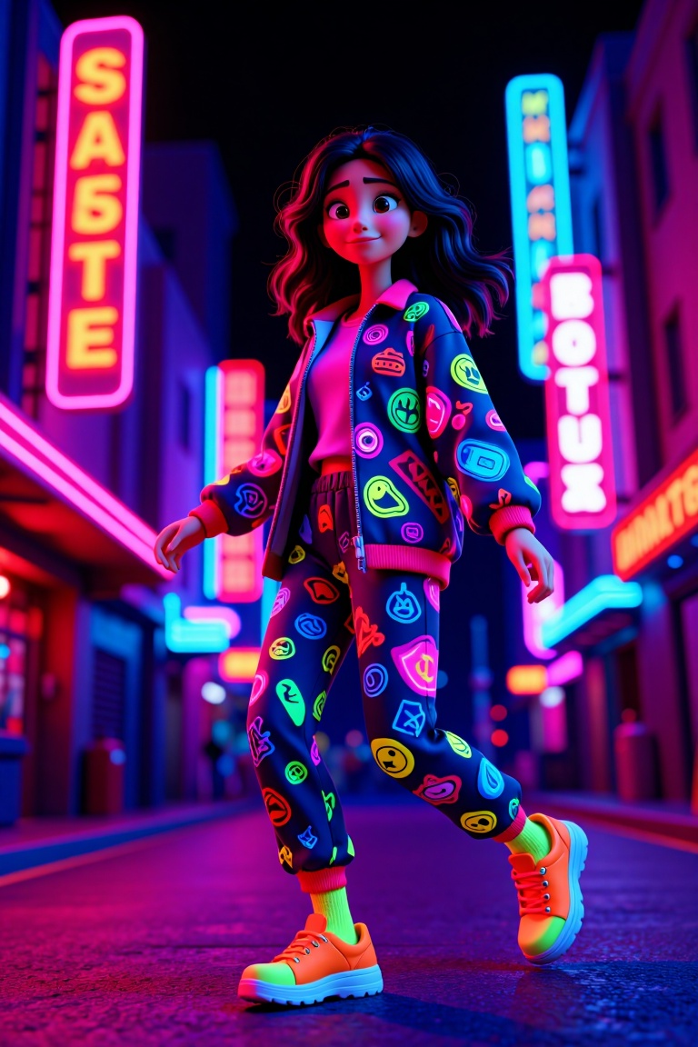 Disney Pixar-inspired realistic image of A 22 yo Asian woman,  positioned in the center of the image,  is depicted mid-str...