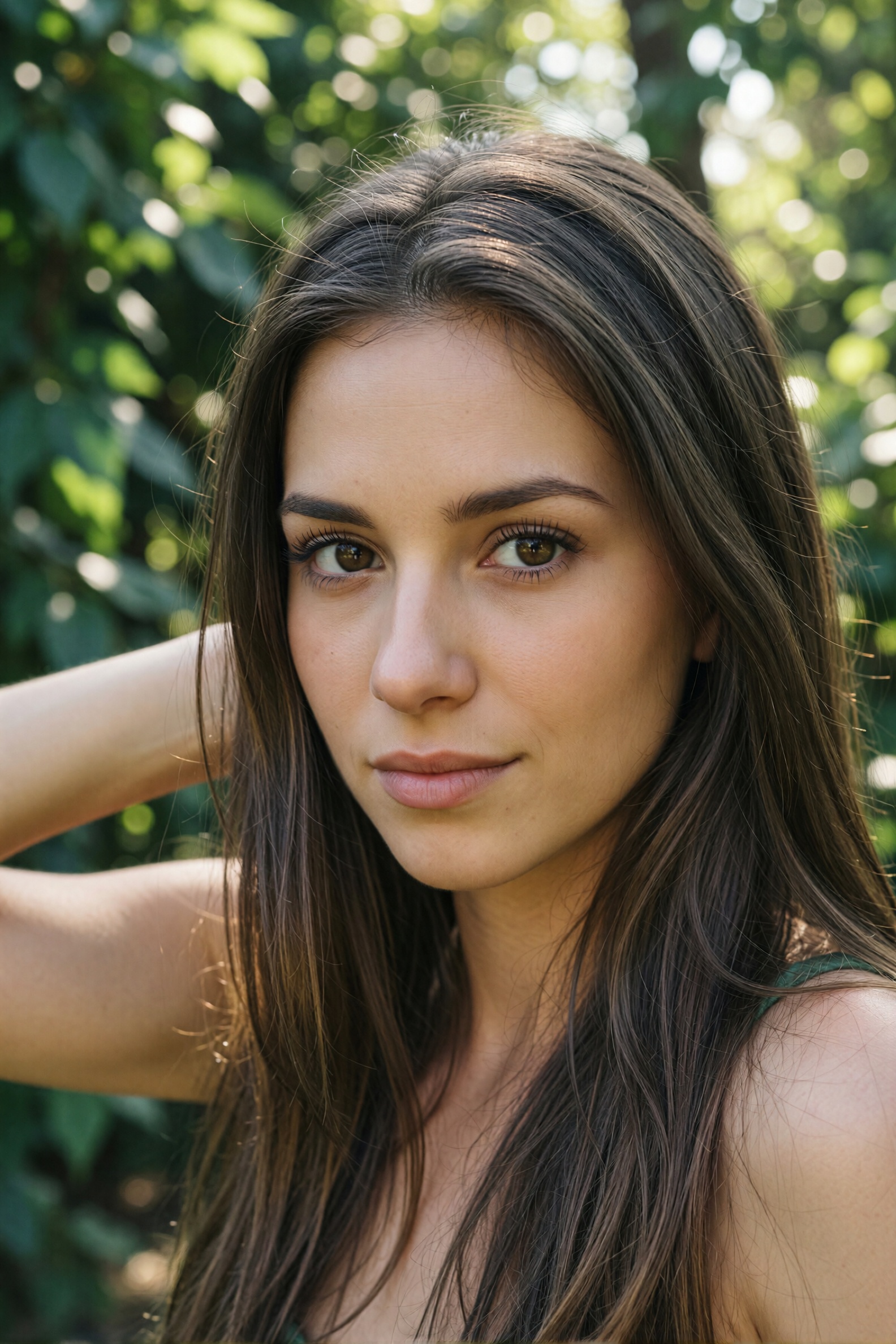 A photograph of a woman with long brown hair and pleasant brown eyes. She stands outdoors,  surrounded by lush greenery. H...