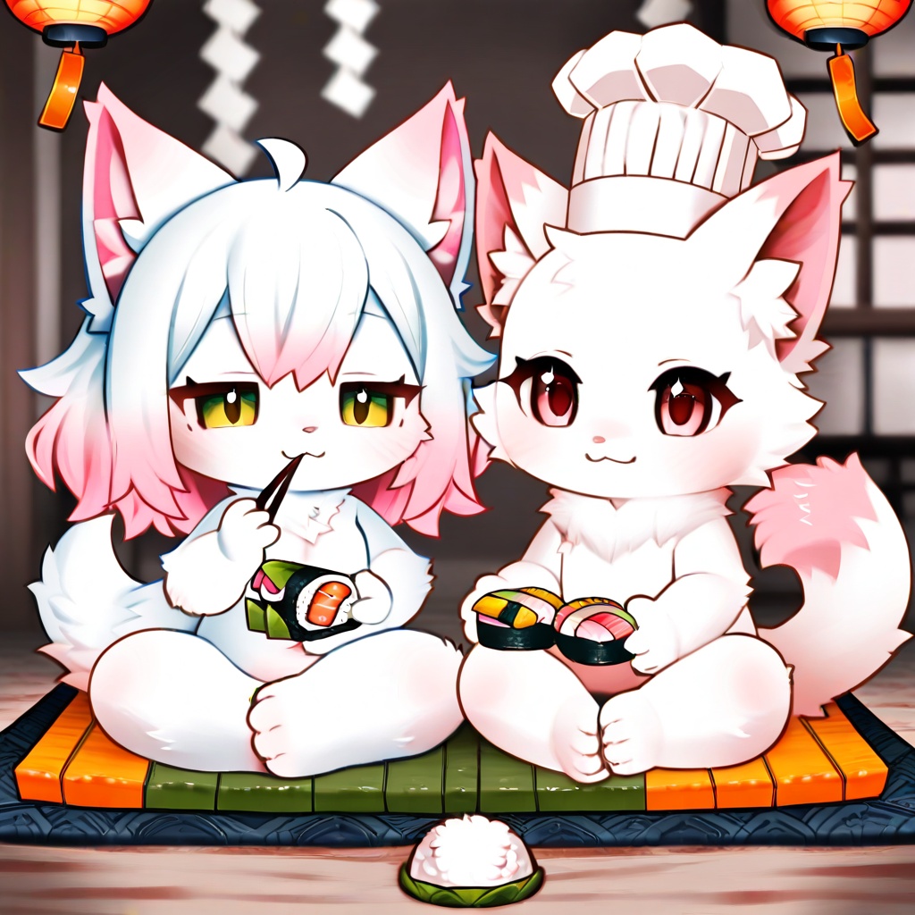 A chibi-style sushi-themed anthro furry cat,  fluffy white fur with pink ear tips and a tiny nori-wrapped rice ball tail,...