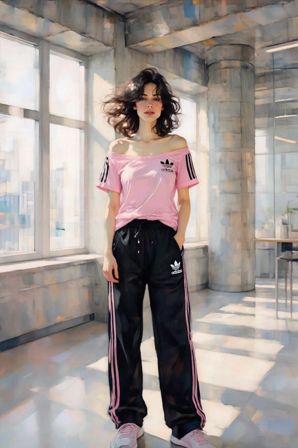 kaoruyamada4z painting. Full-length shot of a woman with flowing,  shoulder-length dark hair posing in a modern,  sunlit i...