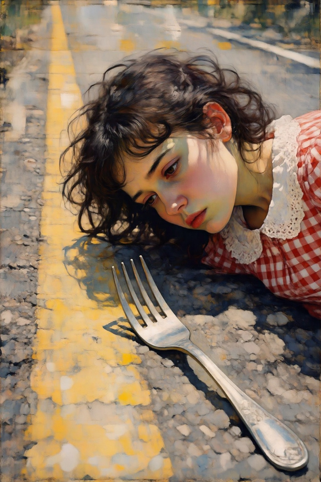 kaoruyamada4z painting. Low-angle,  extreme close-up shot of young woman with olive skin and dark,  messy hair lying sidew...