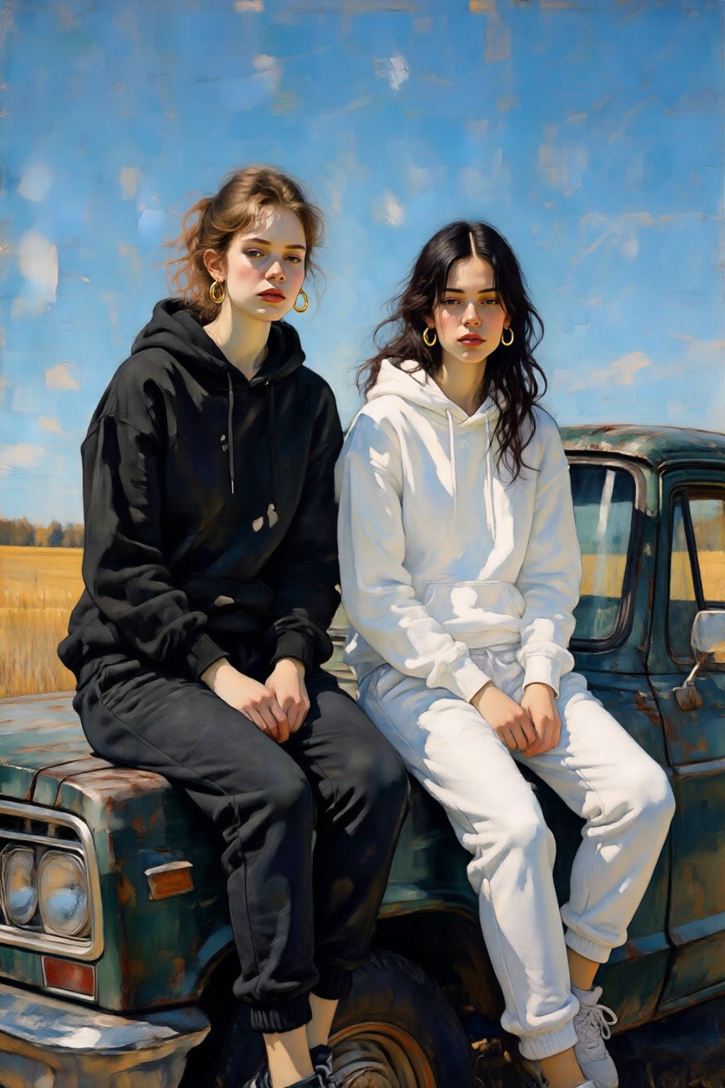 kaoruyamada4z painting. Low-angle medium shot depicts two young women with neutral expressions sitting on the edge of a we...