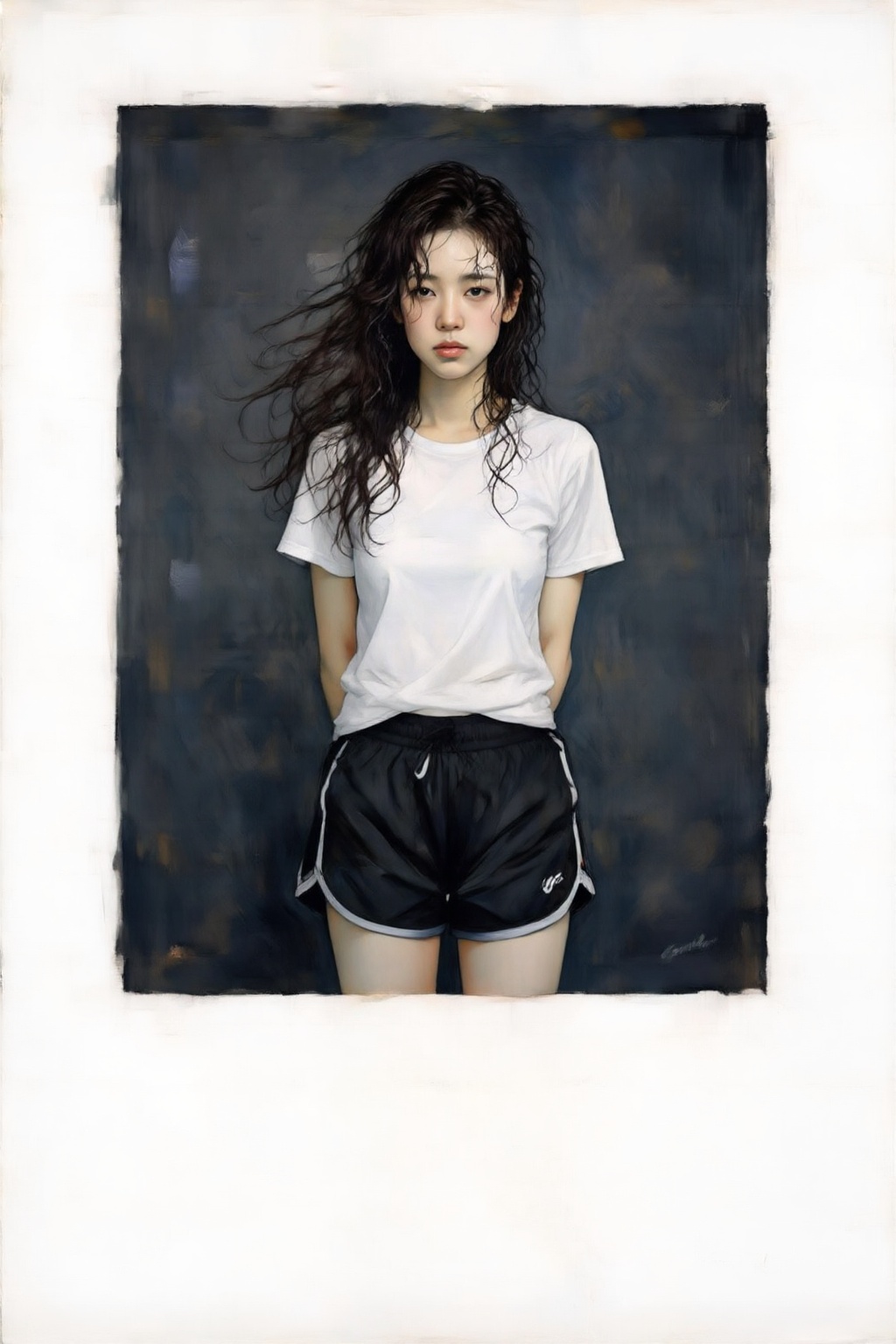kaoruyamada4z painting. Studio portrait of a K-pop idol with long,  flowing dark hair and a neutral expression standing ag...