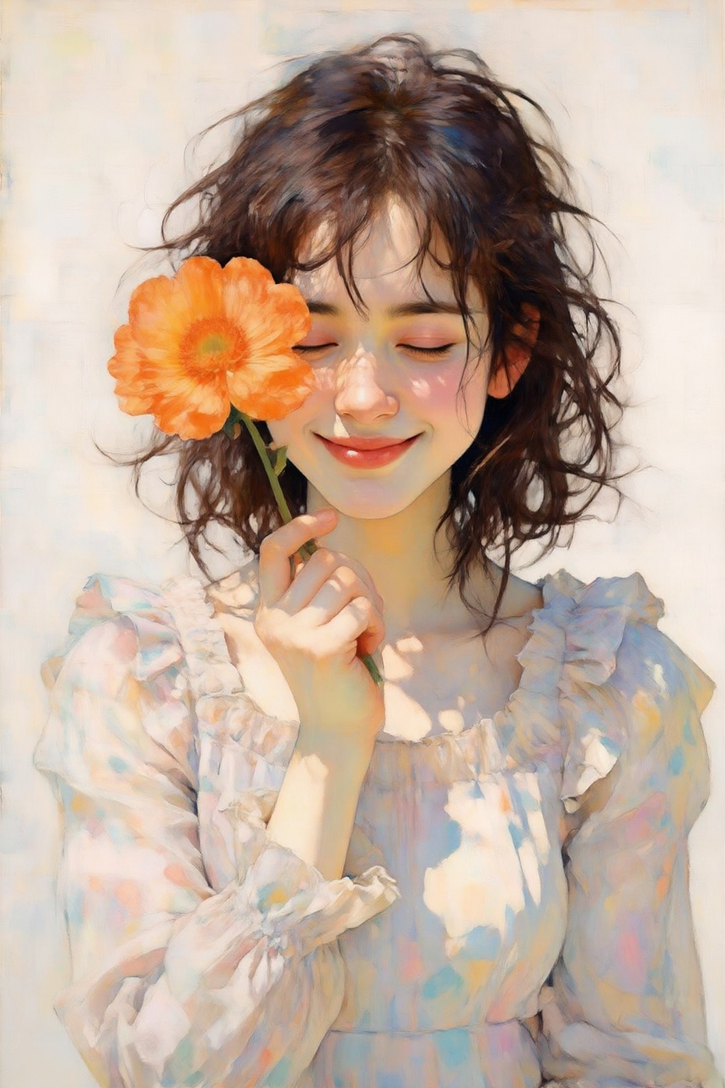 kaoruyamada4z painting. Frontal close-up view of a young woman with chin-length dark brown hair,  her head tilted slightly...