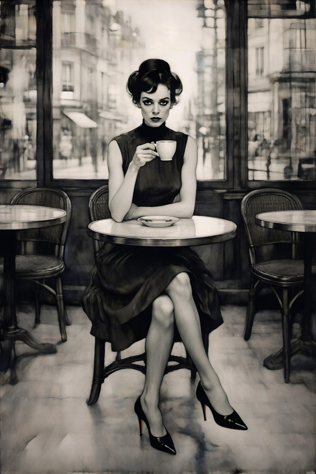 kaoruyamada4z painting. Black-and-white image. A front-on,  eye-level medium full shot captures a woman in a 1950s cinemat...