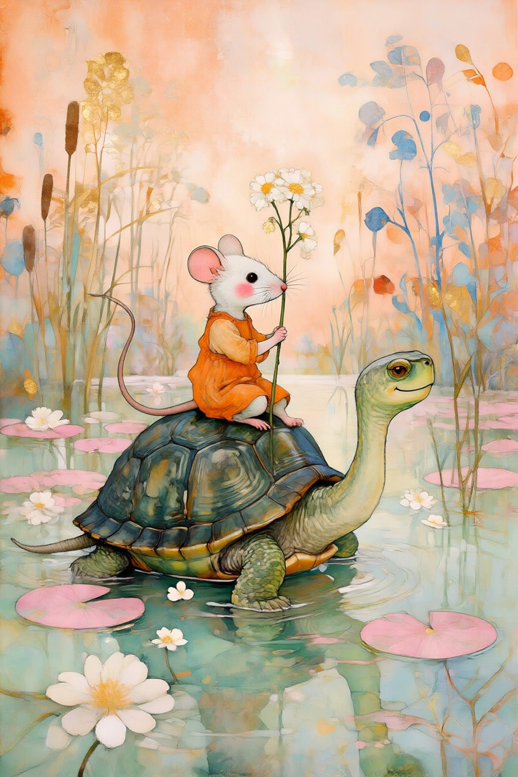 kaoruyamada4z painting. Storybook illustration depicts a small,  white mouse,  shown in profile on Tensor.Art