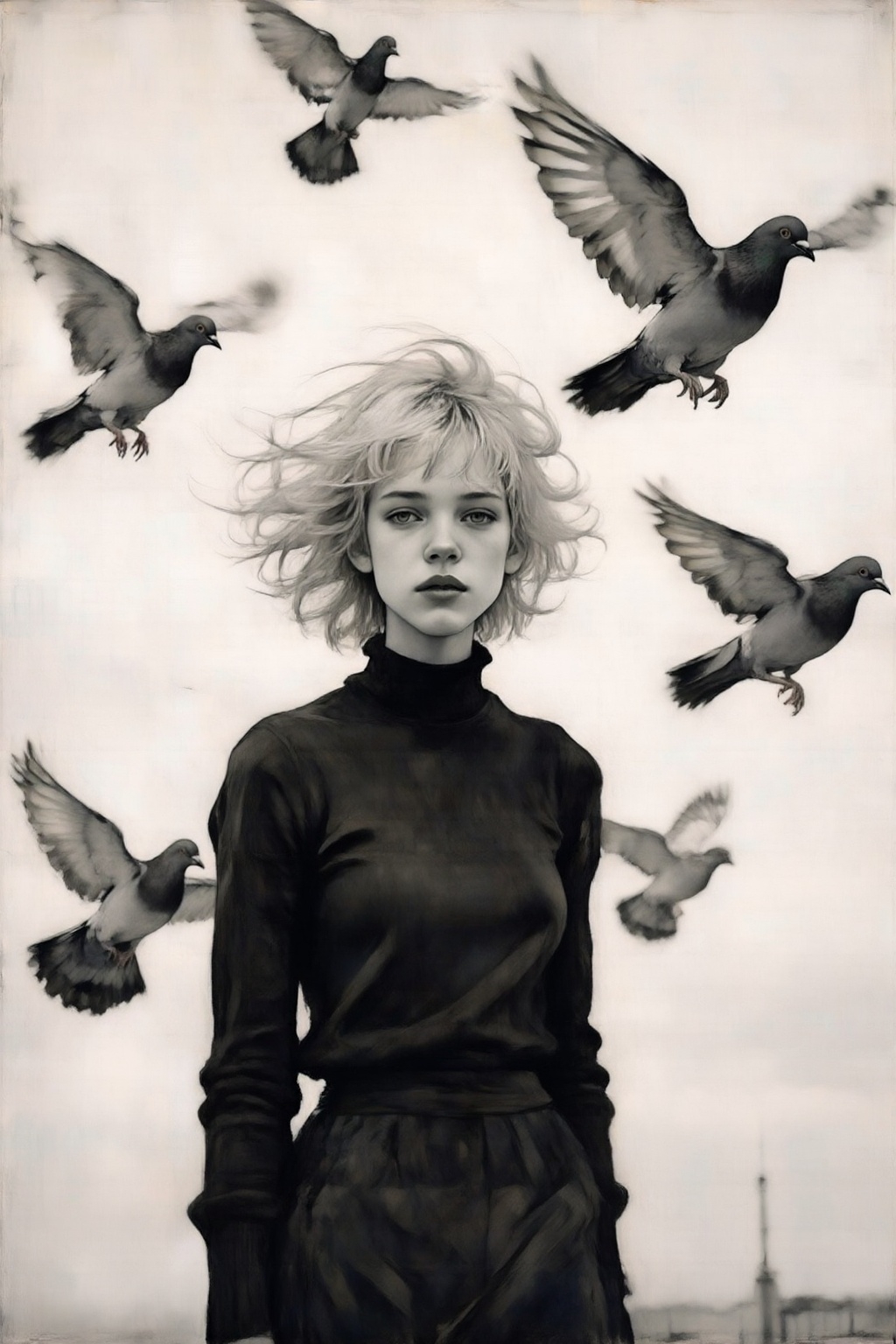kaoruyamada4z painting. Black-and-white low-angle shot of a young woman with a fair complexion and short,  windblown blond...