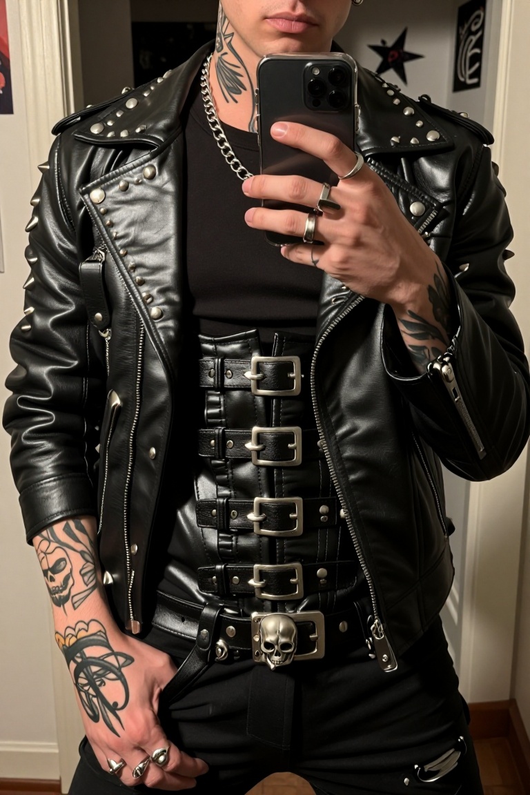 The image shows a person taking a selfie in front of a mirror. The individual is wearing a black leather jacket with studd...