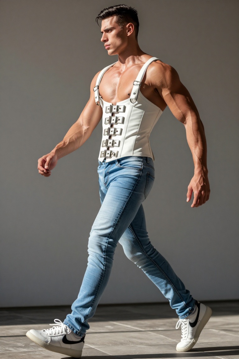 Handsome 23-year-old athletic man with short styled hair,  wearing light blue slim denim jeans,  captured mid-stride in co...