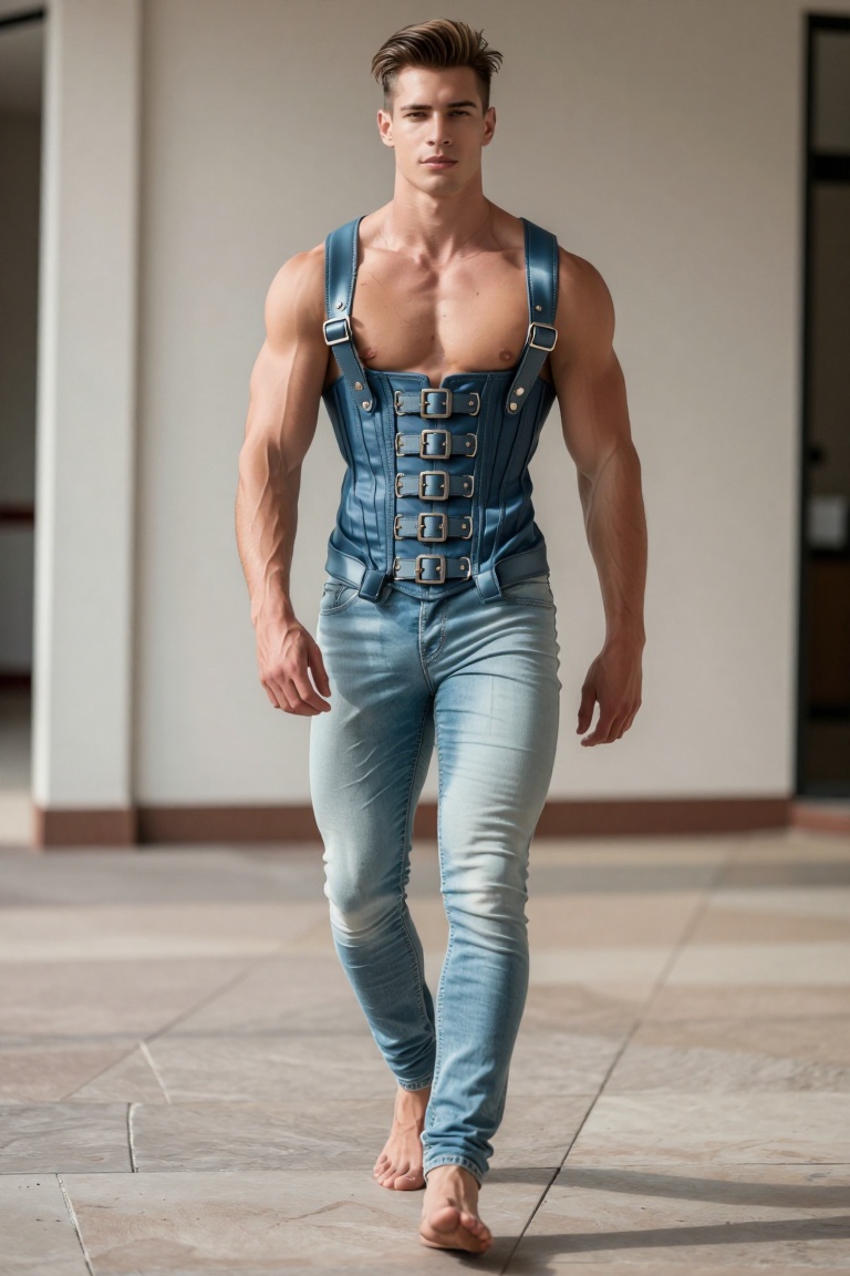 Handsome 23-year-old athletic man with short styled hair,  wearing light blue slim denim jeans,  walking confidently towar...