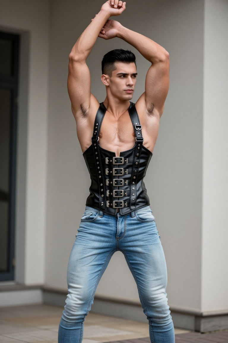 Handsome 23-year-old athletic man with short styled hair,  wearing light blue slim denim jeans,  standing with arms raised...