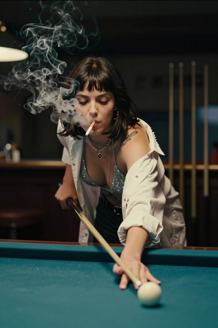 A super moody and cinematic shot of a cool girl with short dark hair and bangs,  leaning low over a pool table in a dimly...