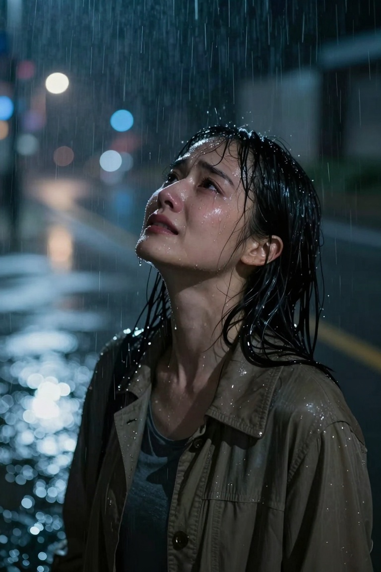 A hyper realistic emotional heartbreak of a woman standing alone in the rain,  cinematic storytelling photography style. T...