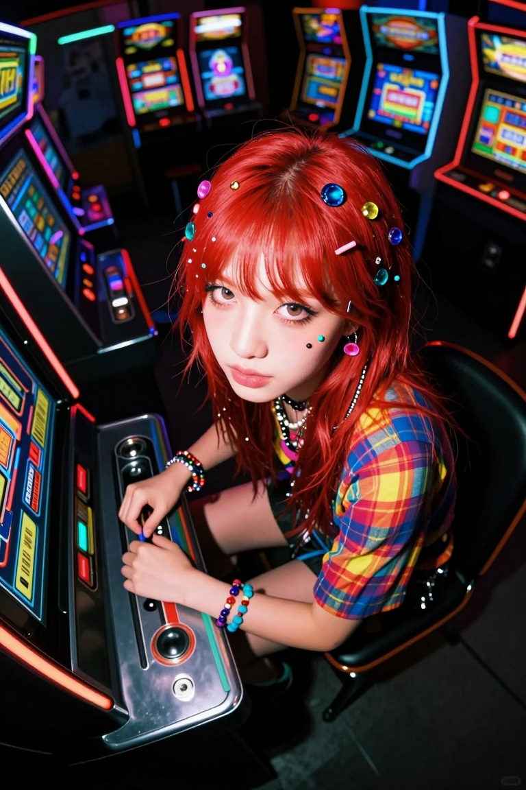 A high-angle fisheye shot looking down at a girl with bright red hair decorated with colorful stick-on gems. She's sitting...