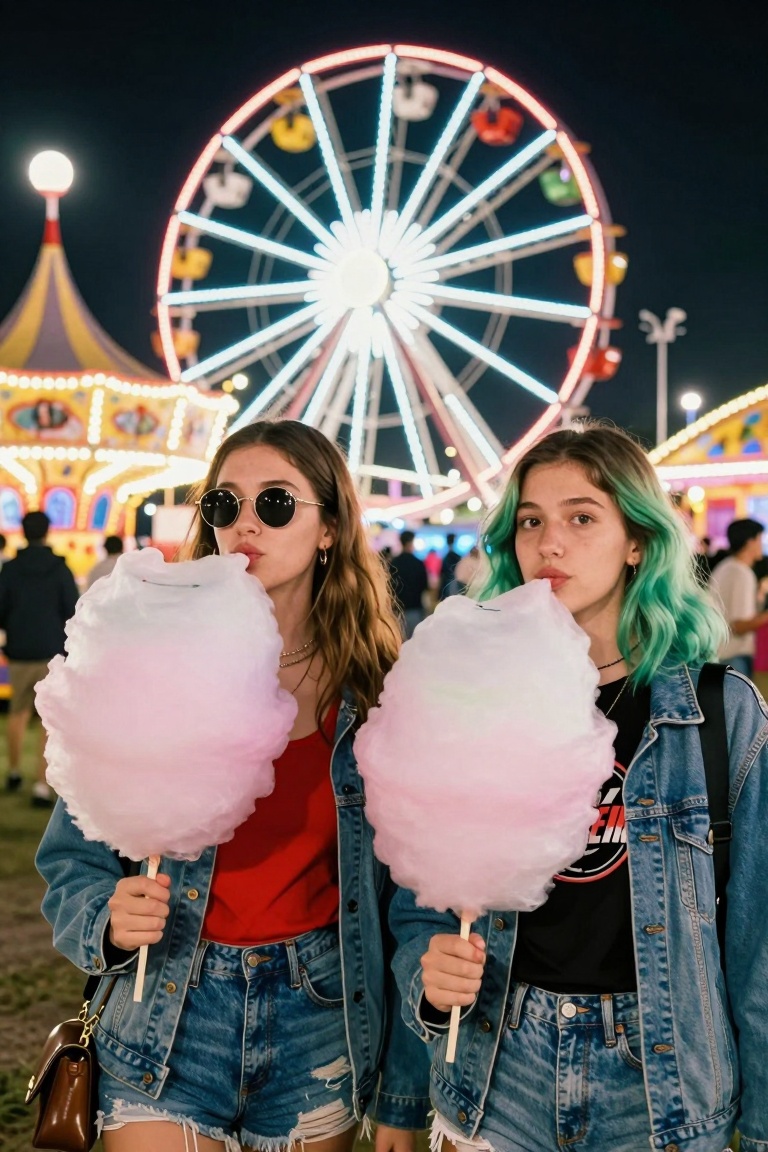 Two young women at a nighttime carnival both holding cotton candy. The woman on the left has long brown hair wearing a red...