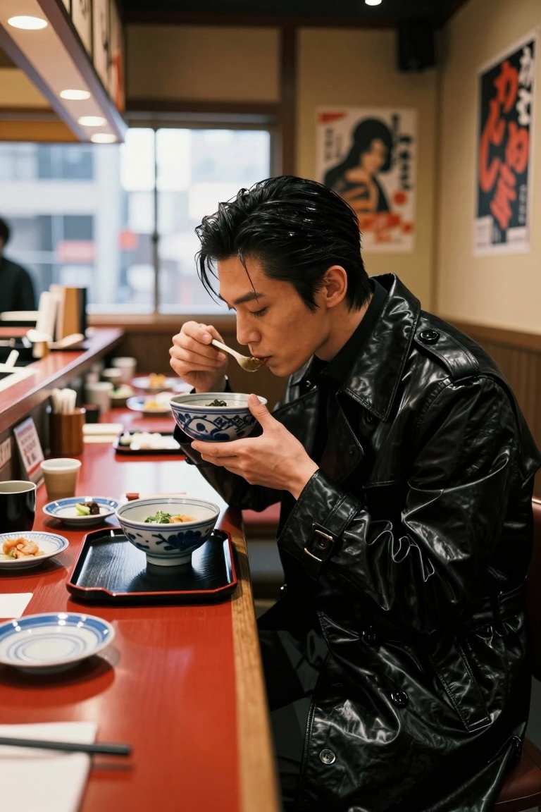 A stylish man in a shiny black trench coat sits at a Japanese restaurant counter sipping from a bowl. He has short slicked...