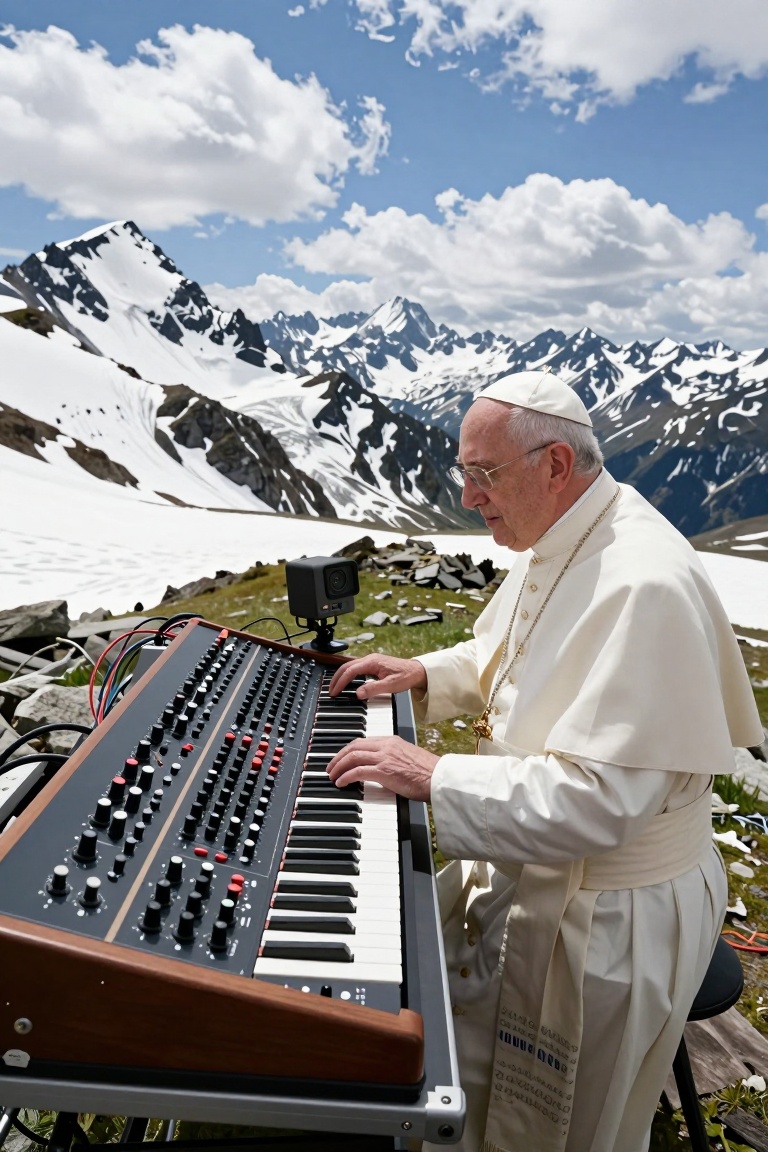 old pope in traditional robe operating a large modular synthesizer outdoors,  intricate setup of wires,  knobs on Tensor.Art