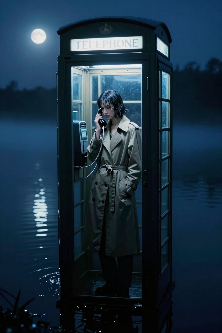 A moody,  cinematic night shot of a woman with a wet bob haircut wearing a beige trench coat. She stands inside a lit glas...