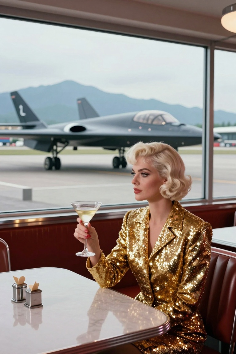 A retro-futuristic scene inside a diner or lounge with a view of an airfield. A woman with short platinum hair and a gold...