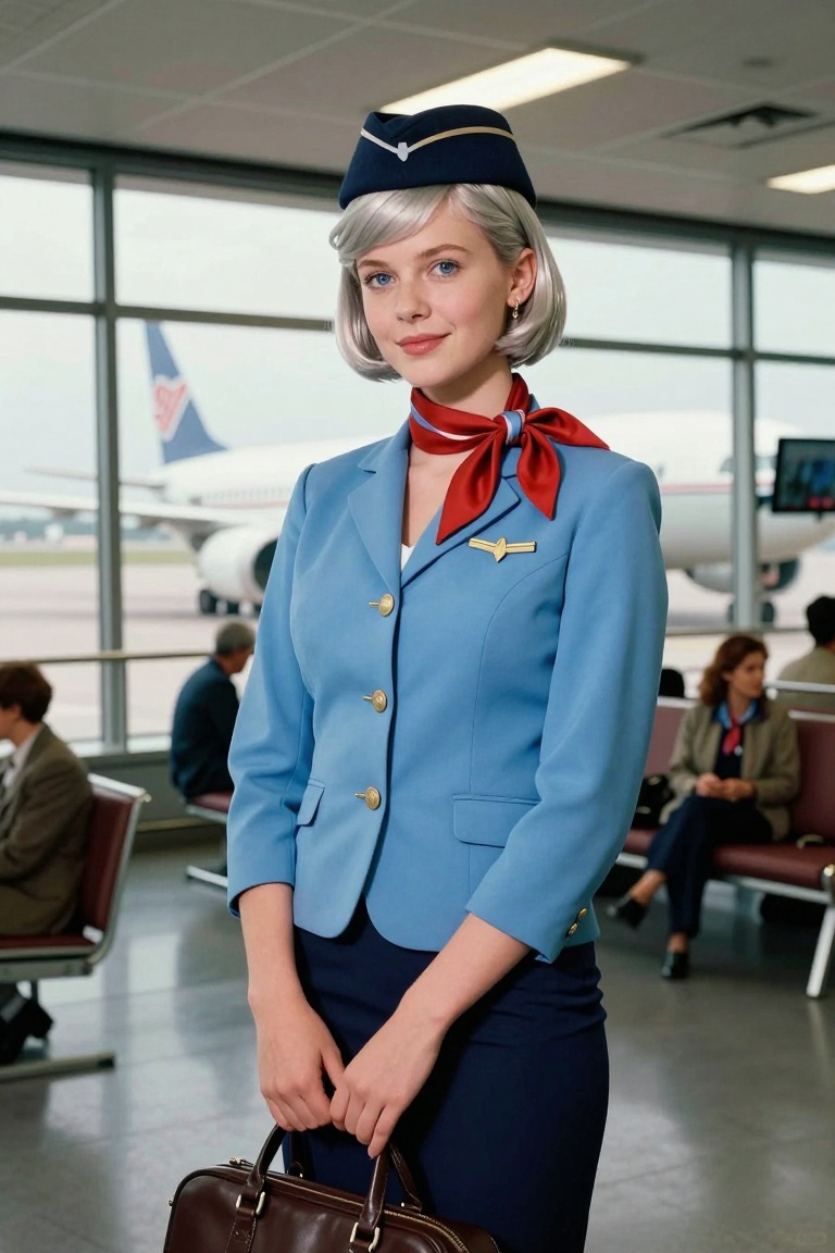 1970s–1980s retro airport setting,  a silver-haired,  blue-eyed teenage girl dressed in a stylish vintage flight attendant...