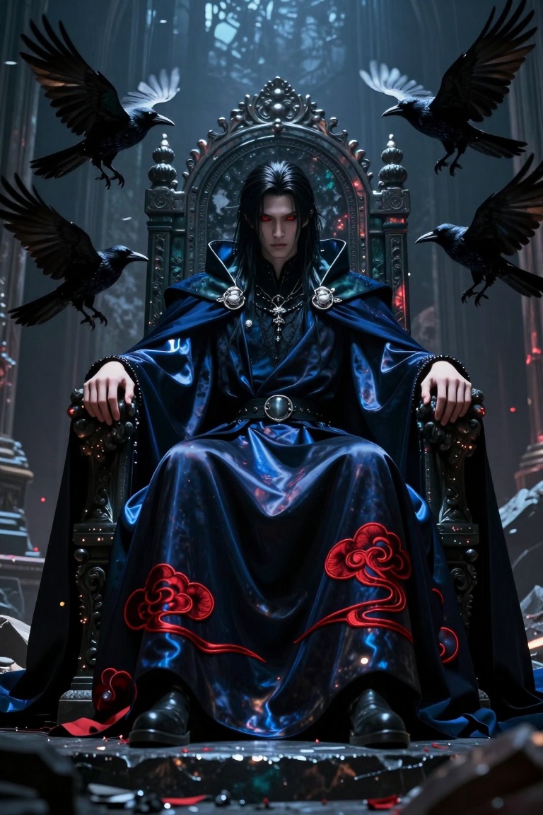 A cinematic low-angle portrait of a stoic,  avant-garde shadow king seated on a massive,  weathered obsidian throne within...