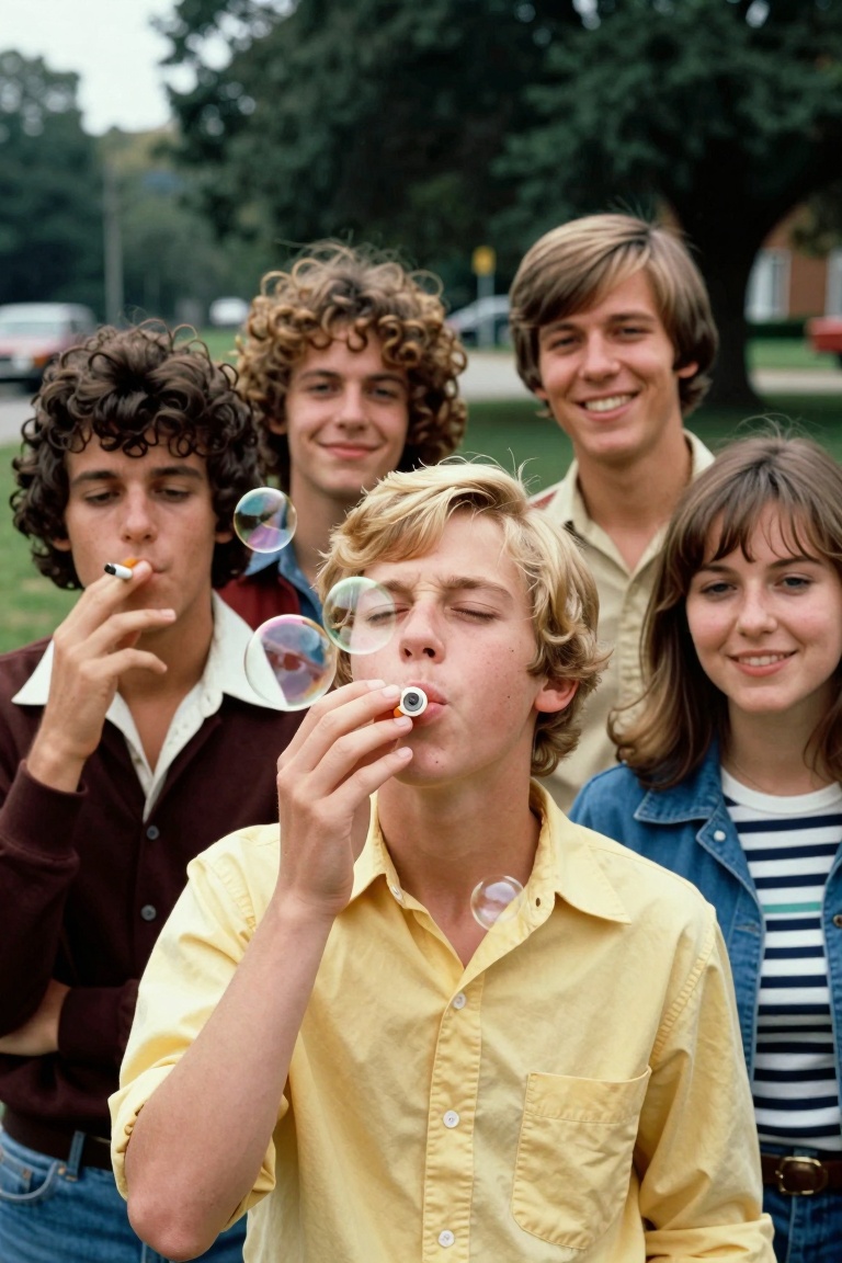 Photograph of five teenagers in an outdoor setting likely from the 1970s based on clothing and hairstyles. The central fig...